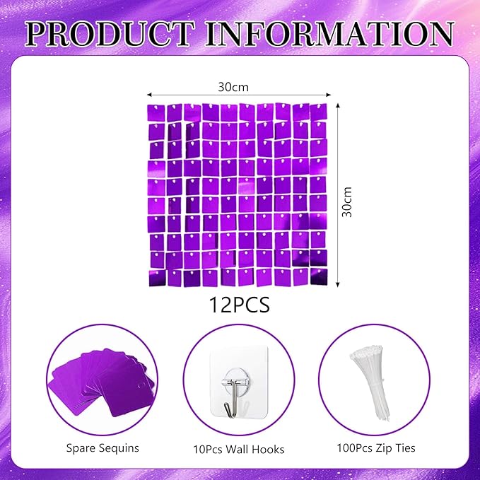 12PCS Purple Shimmer Wall Backdrop, Square Sequin Photo Backdrops Panel, Glit...