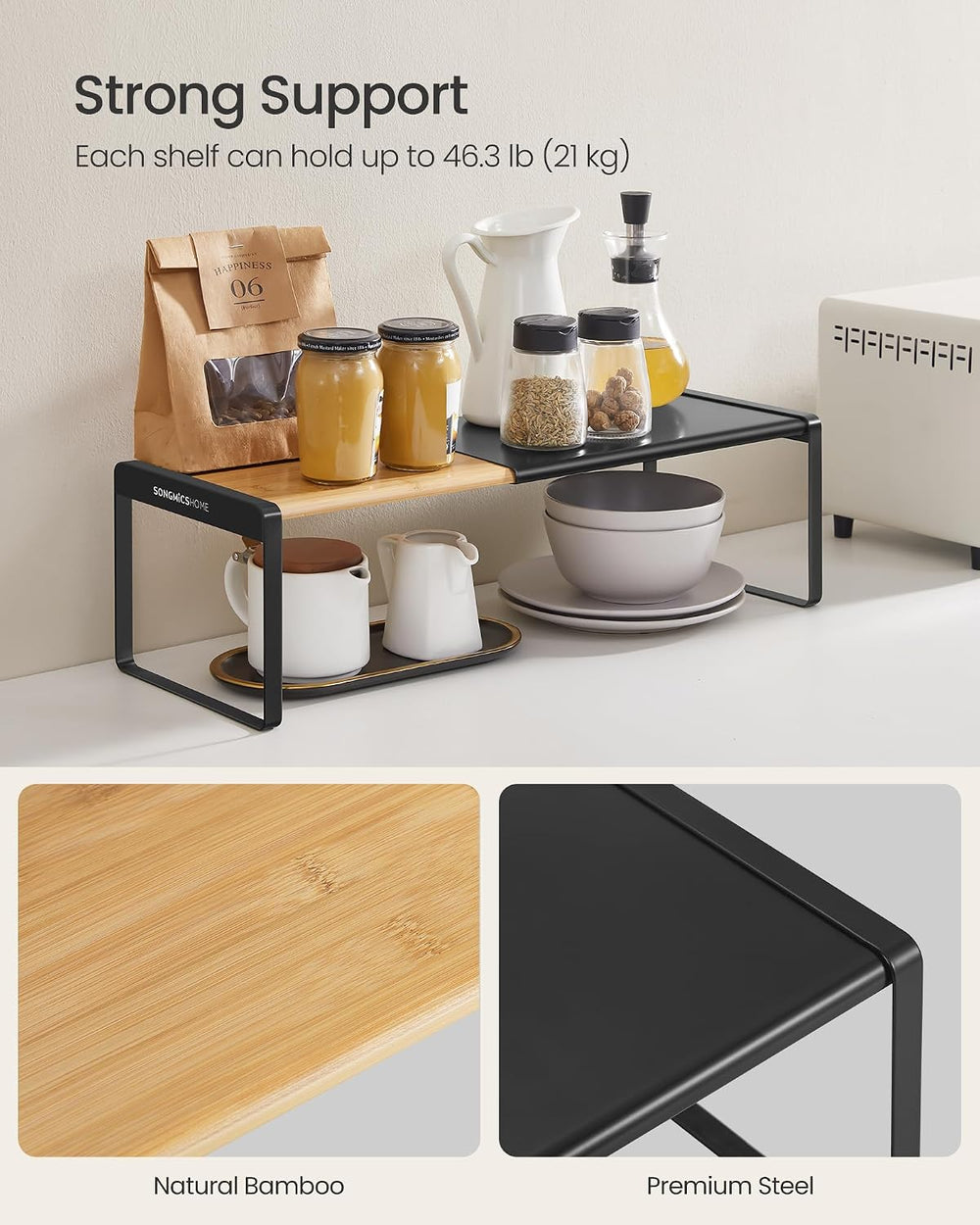 SONGMICS HOME Spice Rack, Expandable Cupboard Shelf Orgnizer,Bamboo
