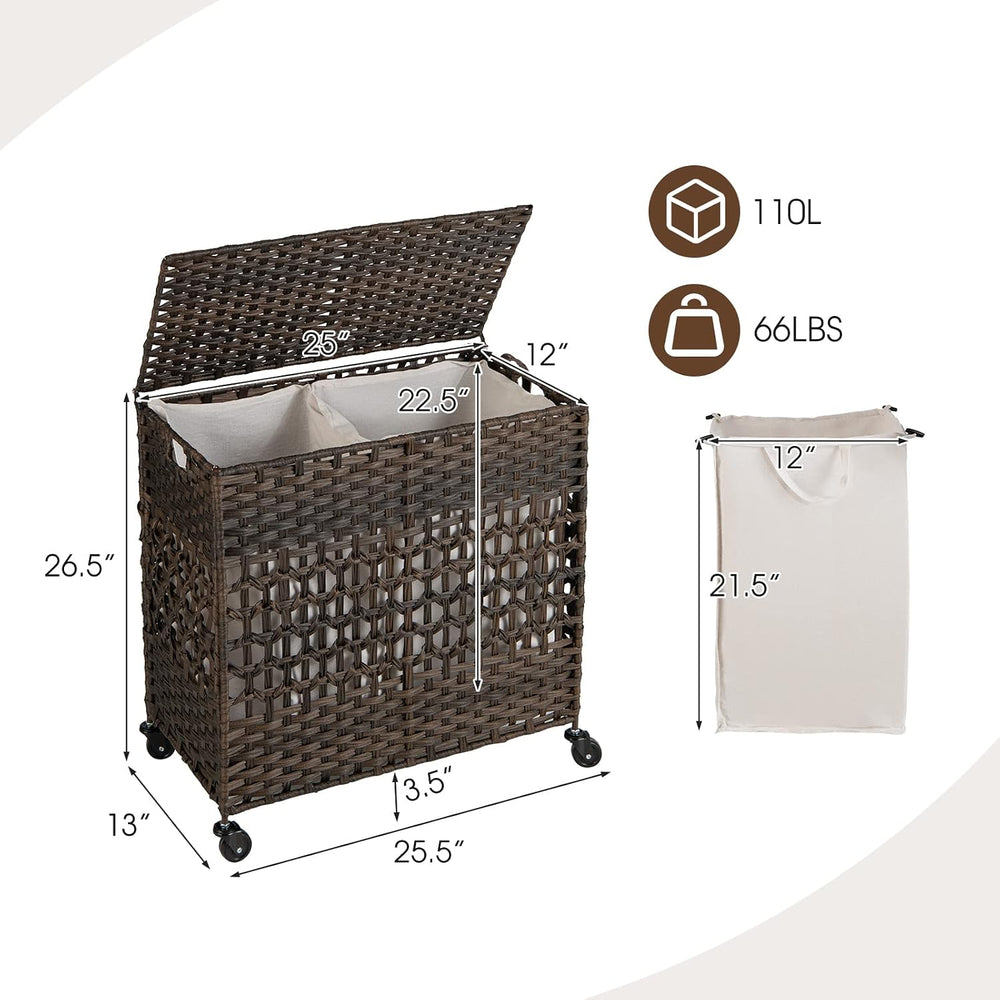 GOFLAME Laundry Hamper with Lid and Wheels, 110L Folding Synthetic Rattan Clo...