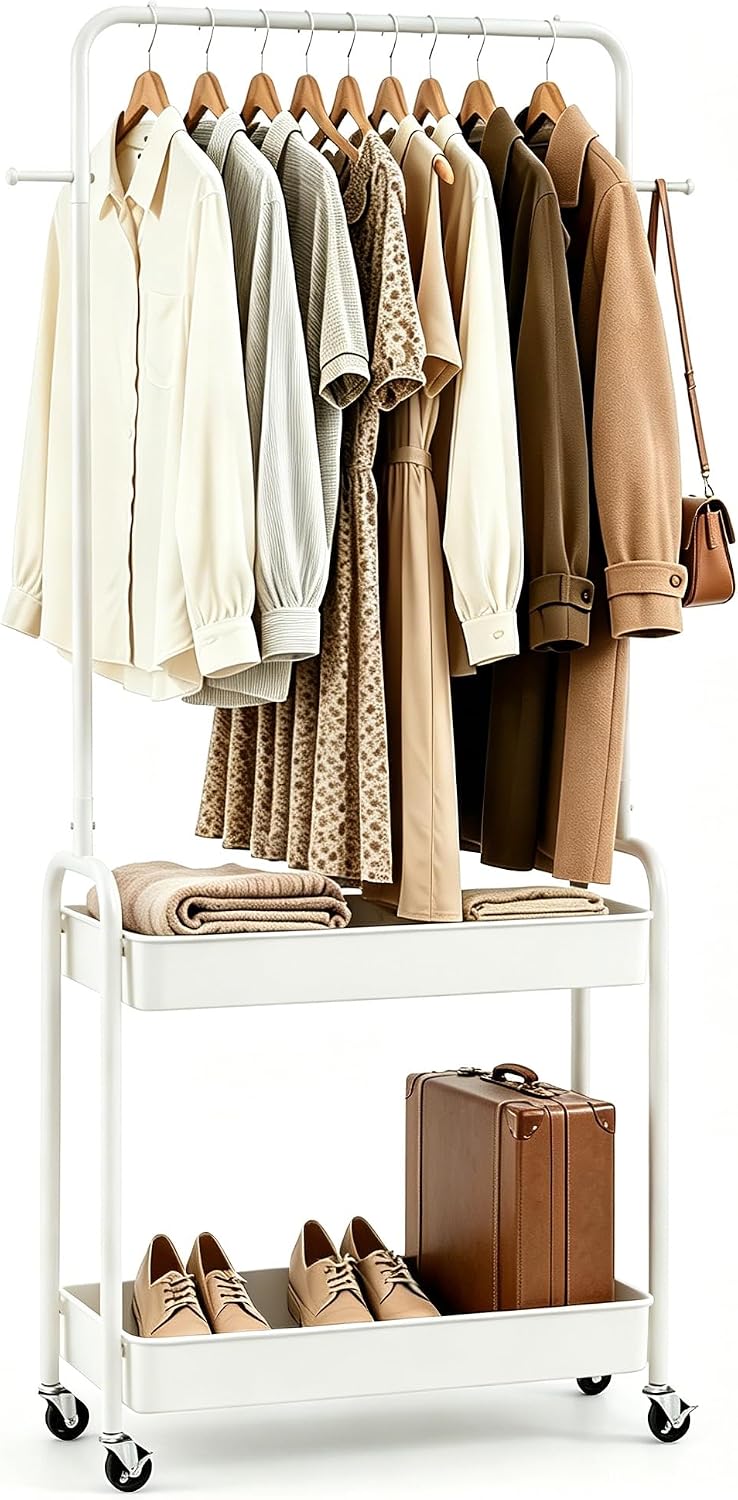 LDAILY Small Rolling Clothes Rack, Heavy Duty Clothing Rack with 2 Baskets, 4...