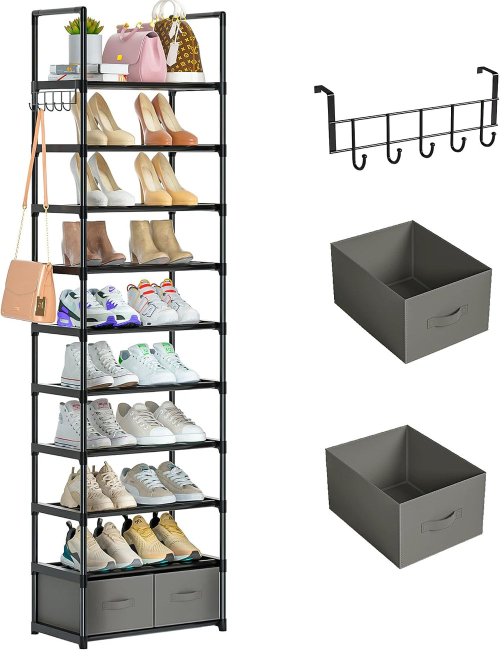 OYREL Tall Shoe Rack Narrow 10 Tier Shoes Rack 20 25 Pairs + 2 Boxes 1 Hook