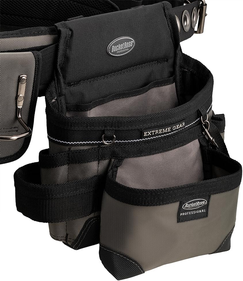 Bucket Boss Mullet Buster 3 Bag Tool Belt with Suspenders in Grey, 55135, Bla...