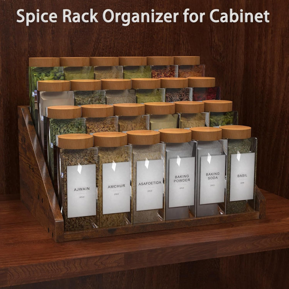 4 Step Spice Rack Organizer for Cabinet, Robust Wooden Display Riser Shelf Se...