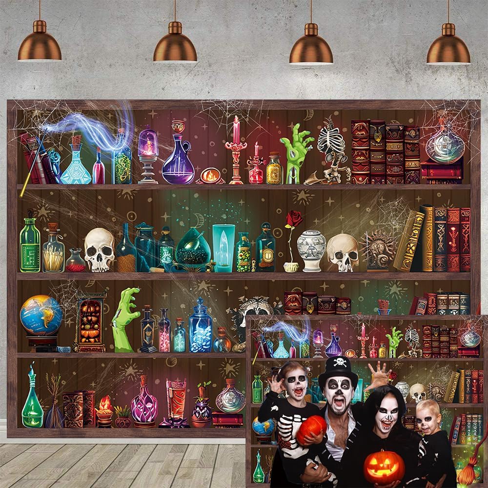 Halloween Magic Potion Shelf Backdrop Bookshelf Spooky Witch Skulls Backgroun...