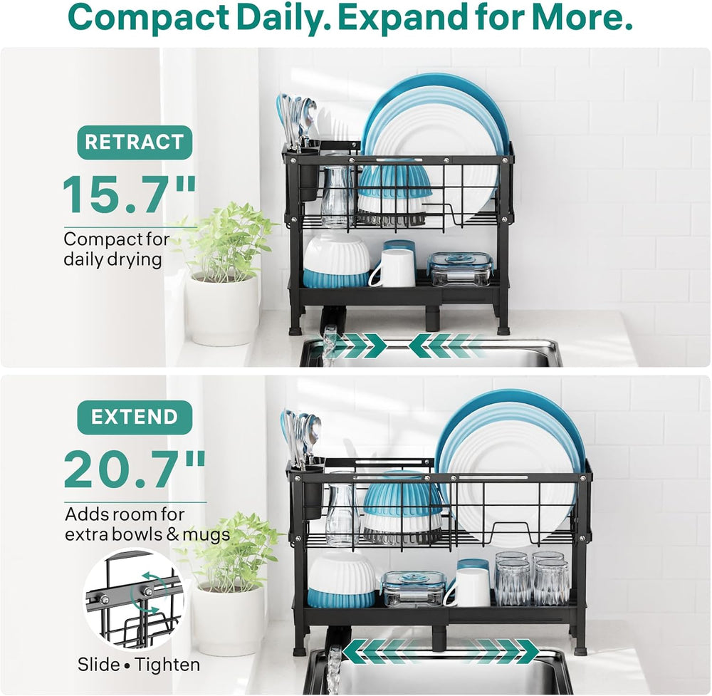 GSlife Narrow 2 Tier Dish Drying Rack - Expandable for Small Kitchens & RVs