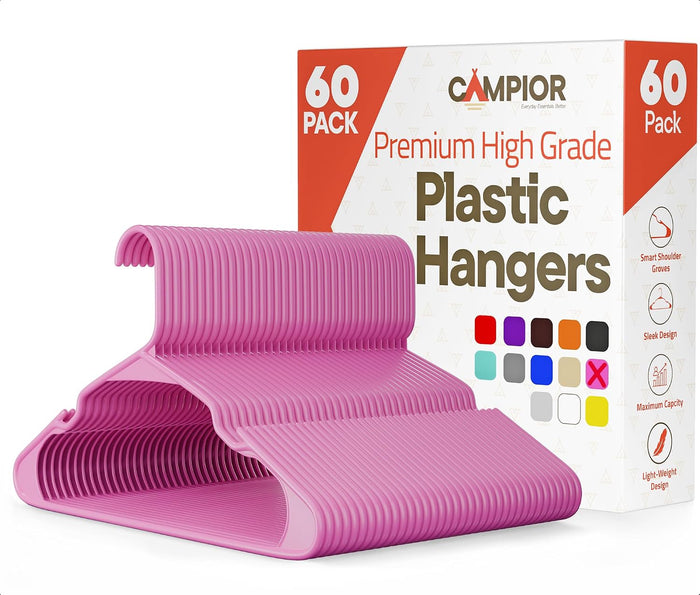 Pink Plastic Hangers 60 Pack– Heavy-Duty Plastic Hangers Slim and Space-Saving, Durable and Lightweight PP with Non-Slip Shoulder Notches for Slip Dresses, Suits, Jackets & Camisoles