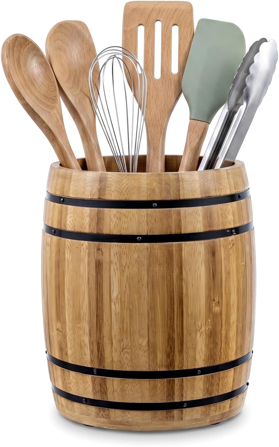 MyGift Wine Barrel Design Kitchen Utensil Crock, Light Brown Solid Bamboo Woo...