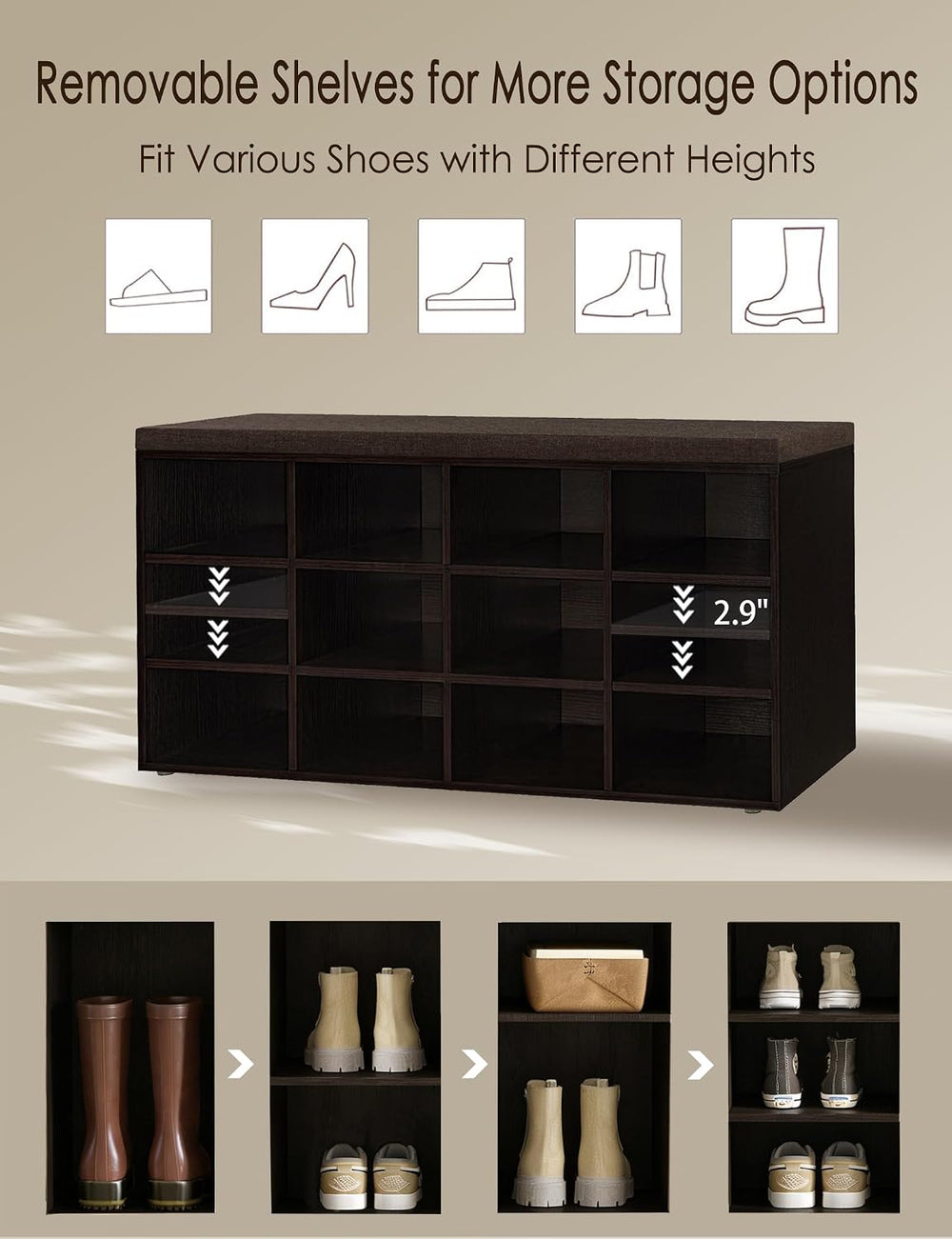 DINZI LVJ Shoe Storage Bench with Cushion, 40.9" Cubby Shoe Rack, 12-Cubby