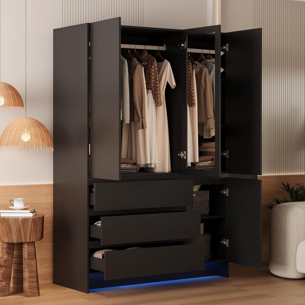 VOWNER Armoire Wardrobe Closet with 4 Doors, Bedroom Armoire with Mirrors