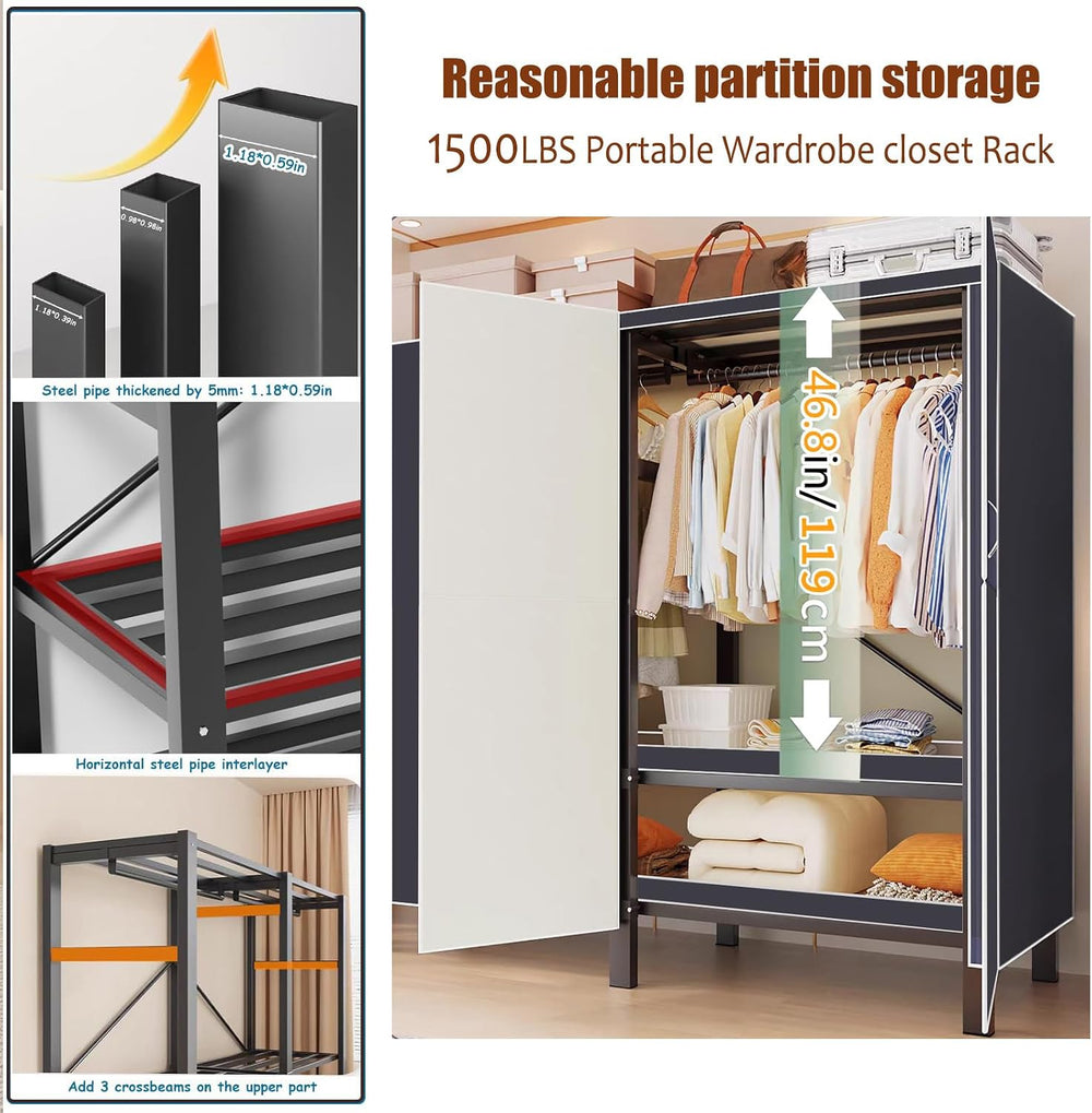 Heavy Duty Clothes Rack with Magnetic Door, Metal Foldable Covered Clothes Ra...