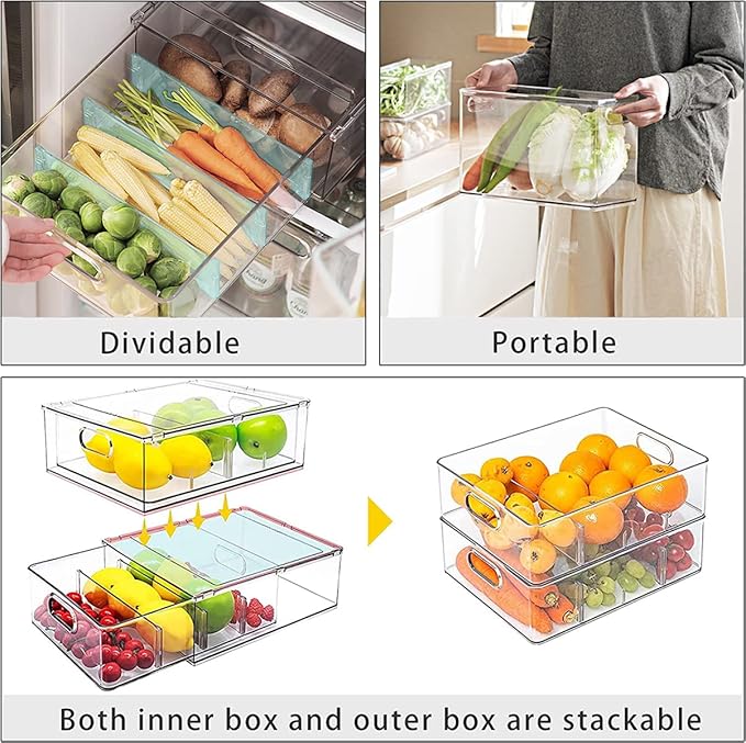 MineSign Stackable Fridge Drawer Pull-Out Bins (3 Pack)