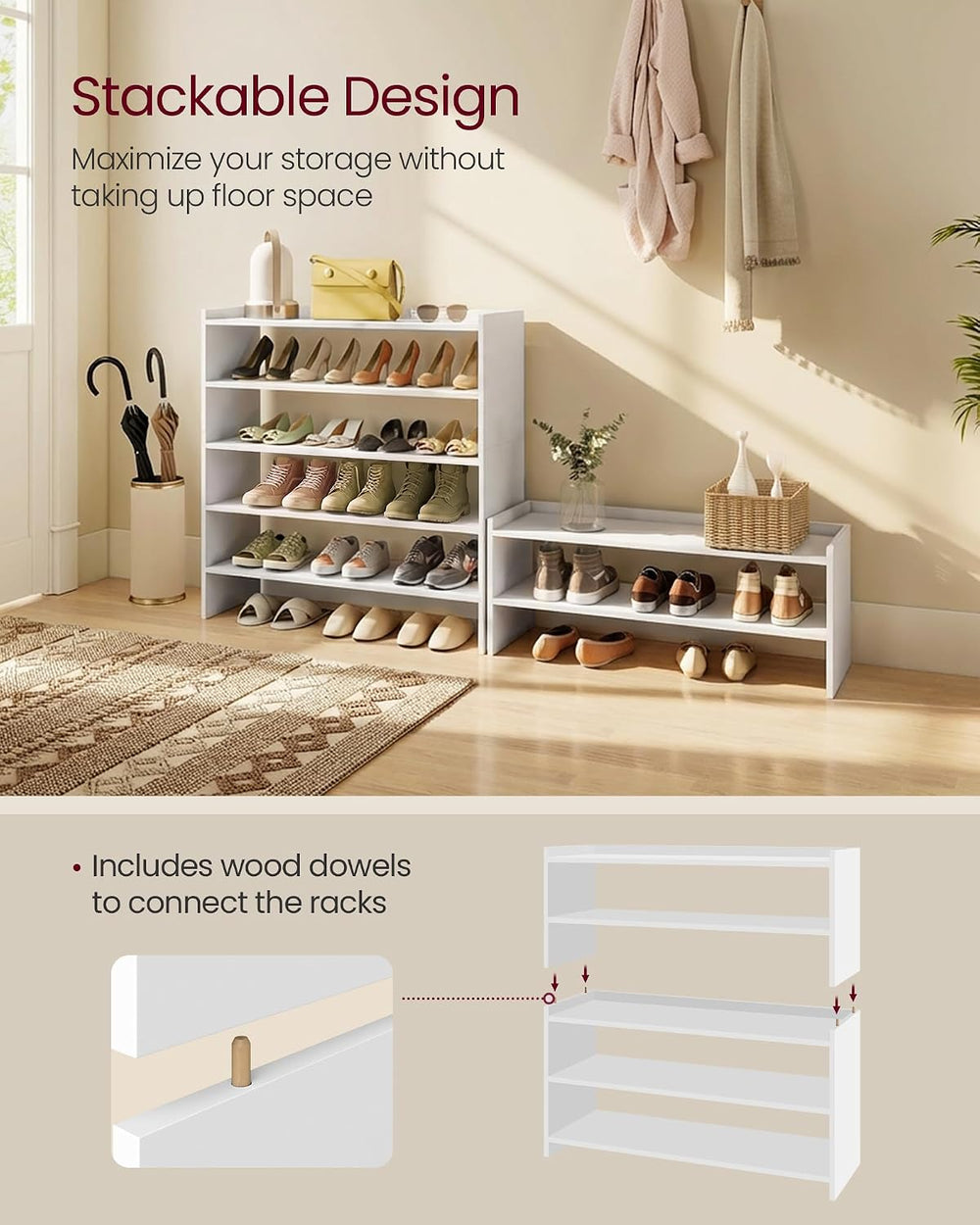 VASAGLE 3-Tier Shoe Rack for Closet, Stackable Shoe Organizer Shelf