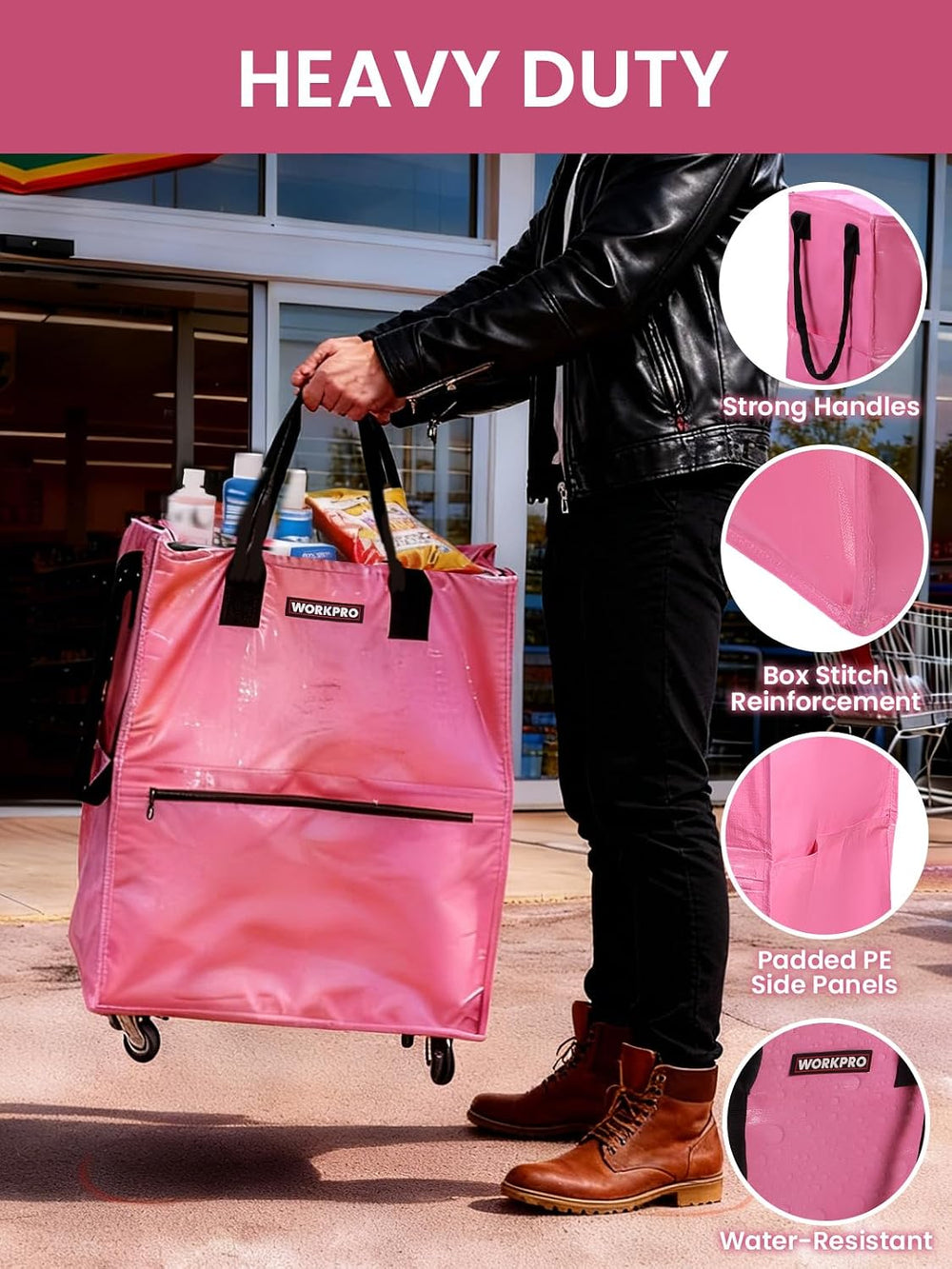 WORKPRO Medium Rolling Grocery Bag, 18-Gallon Rolling Tote with 4 Wheels