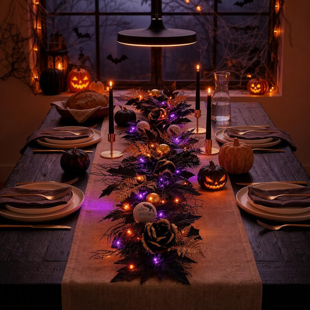 DecorbyHannah 6ft Halloween Garland for Mantle with Lights Black Rose Decor