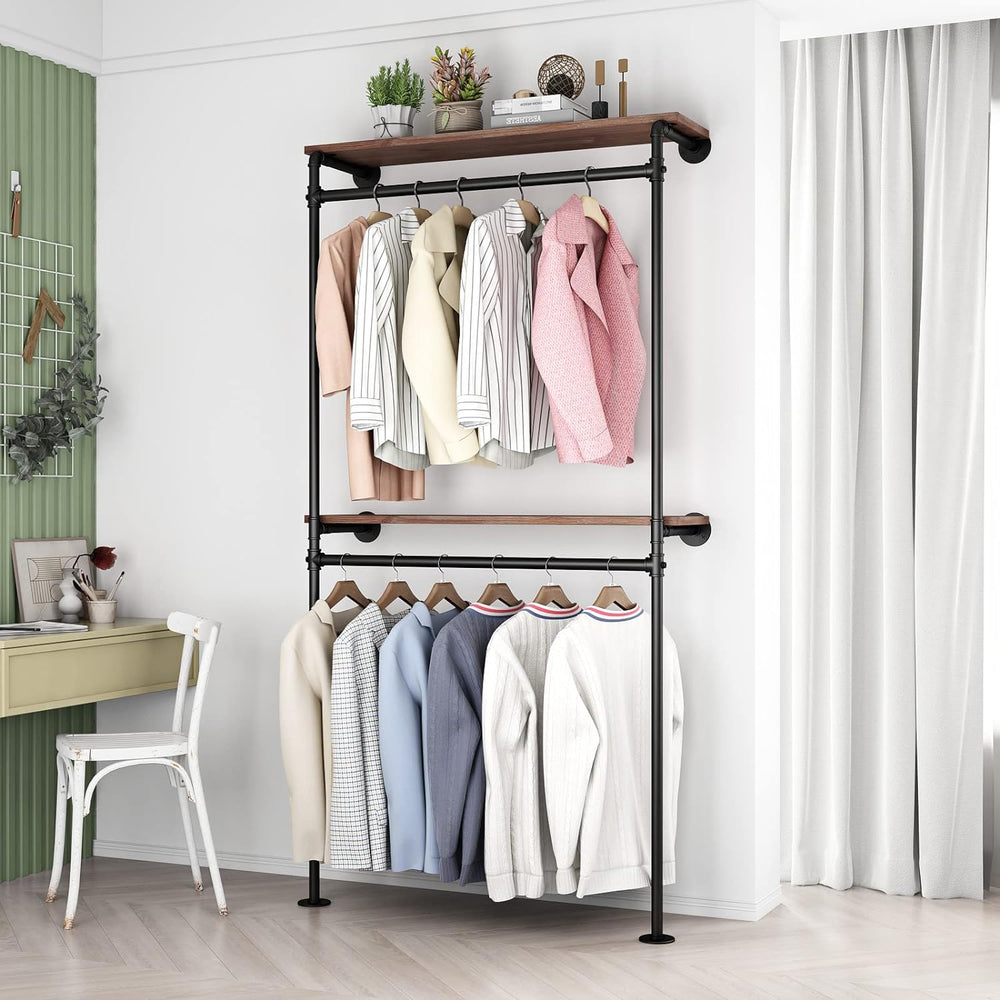 DR.IRON Industrial Pipe Clothing Racks with 2 Tier Shelves, Wall Mounted Blac...