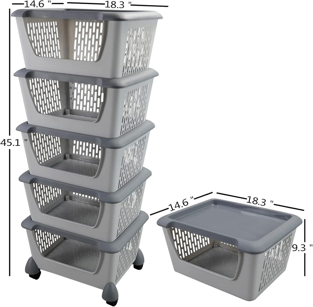 5 Tiers Plastic Kitchen Stacking Storage Baskets Bins, Grey