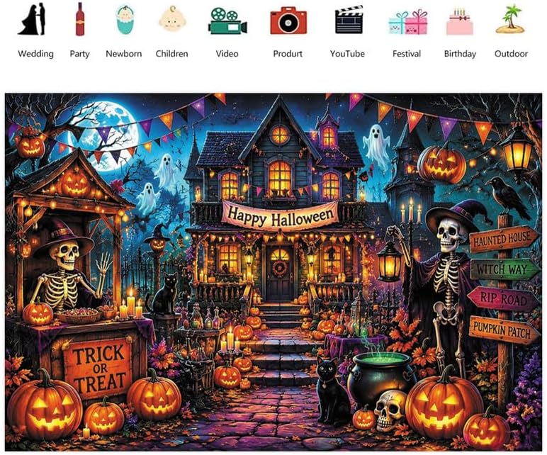 10x8ft Halloween Spooky Skeleton Ghost Photography Backdrop, Horror Castle Sc...