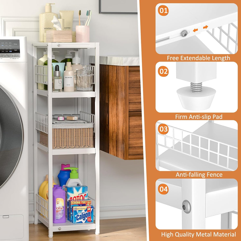 4 Tier Expandable Slim Storage Shelf, Metal Shelving Unit for Bathroom Storag...
