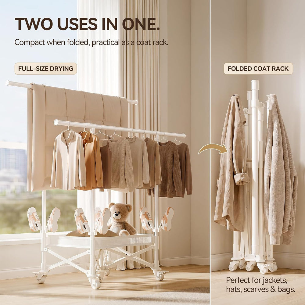 SUJI Foldable Clothes Drying Rack with Wheels & Shoe Rack, White