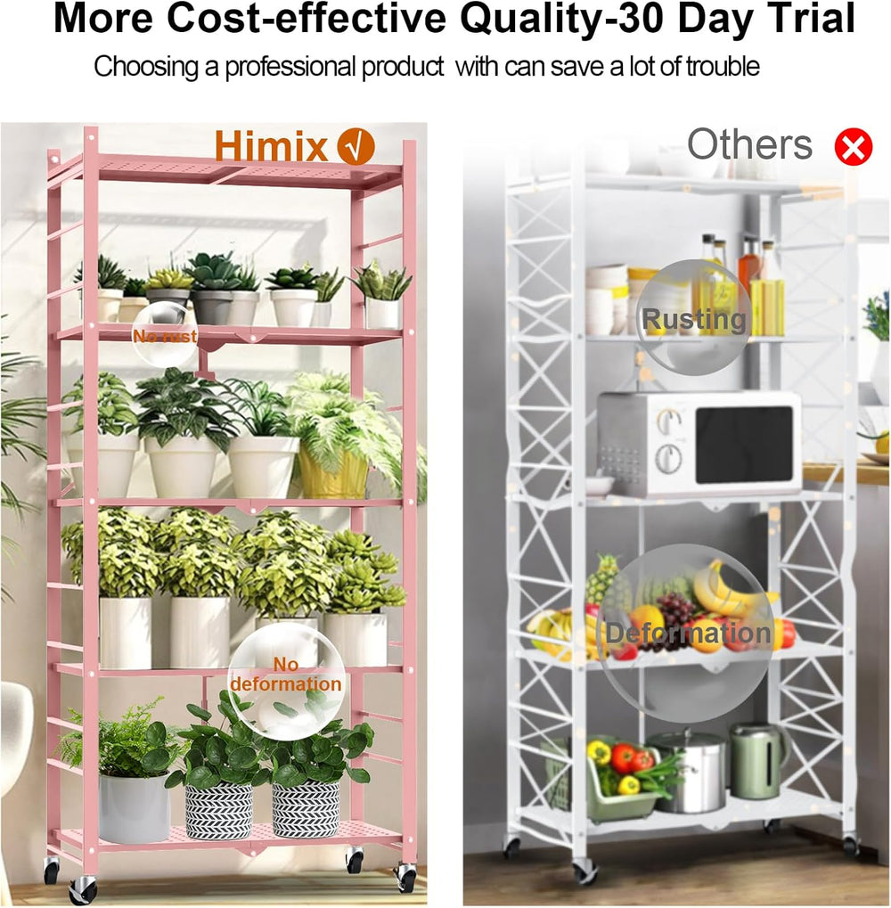 5-Tier Folding Storage Shelves with 20 Hooks Wheels Home Pink