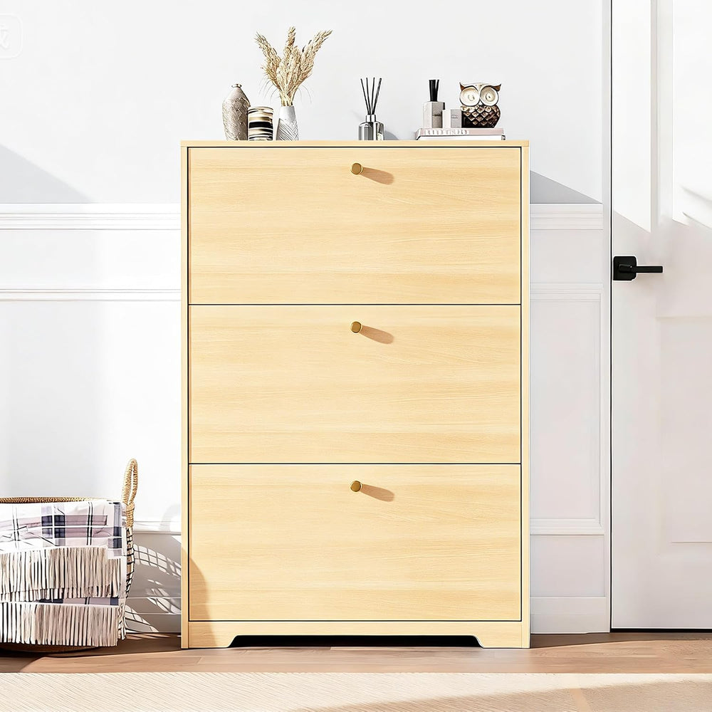 Nicetree Shoe Cabinet with 3 Flip Drawers, Entryway Storage, Natural Oak