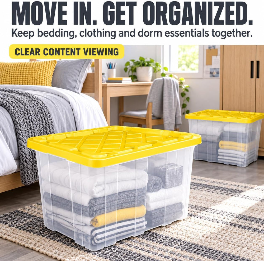 27 Gallon Clear Plastic Industrial Storage Tote, Snap Lid, Yellow, 4 Pack
