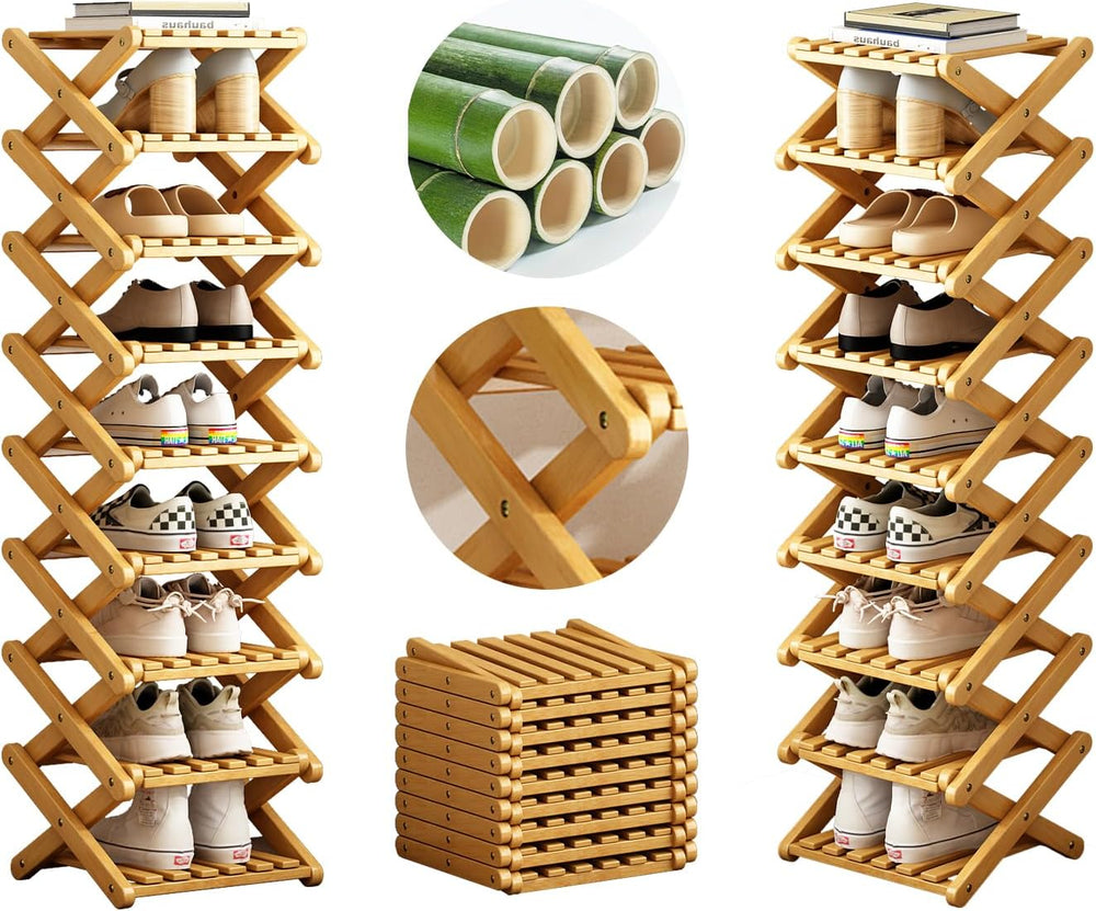 9 Tier Bamboo Shoe Rack, Foldable Narrow Organizer for Closet & Small Space