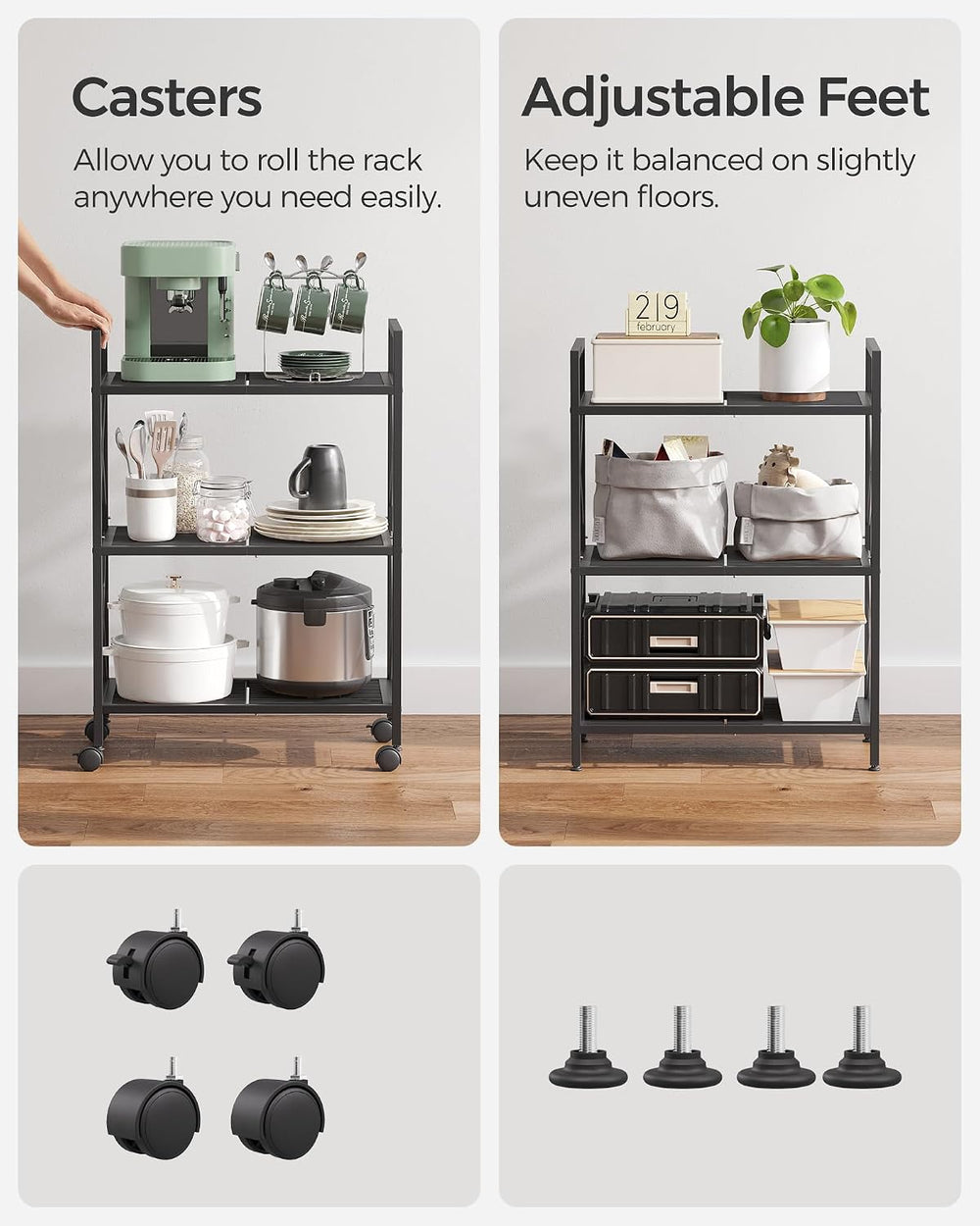 SONGMICS 3-Tier Steel Storage Rack with Wheels, Mesh Shelving Unit