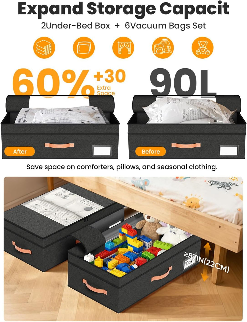 TOSKING 2-Pack Under Bed Storage Drawers with Wheels, 6 Vacuum Bags, Adjustab...