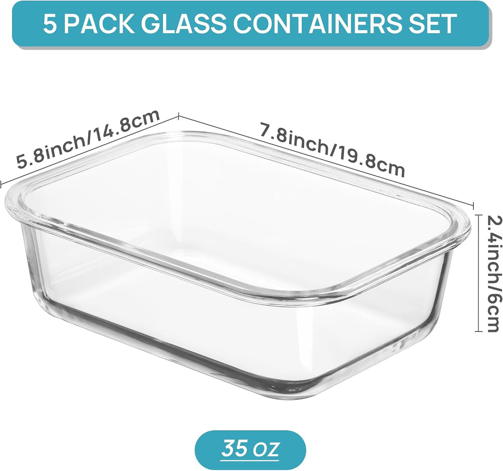 Vtopmart 5 Pack 35oz Glass Food Storage Containers with Lids, Grey