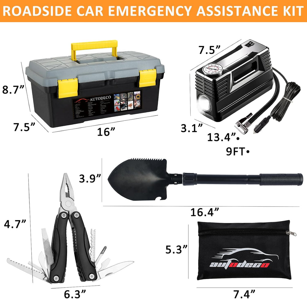 98 PCS Roadside Car Emergency Assistance Kit with Portable Air Compressor Jum...