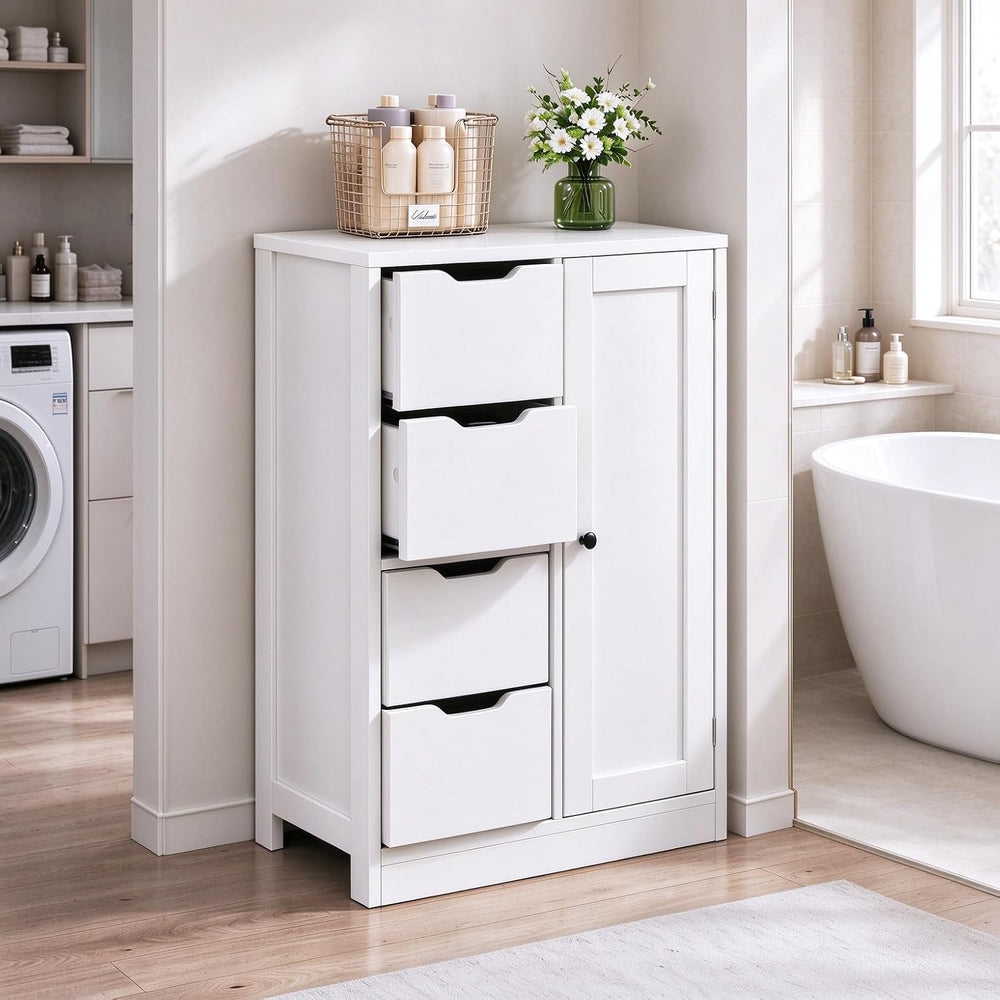Vongrasig Small Bathroom Storage Cabinet with 4 Drawers & Door, White