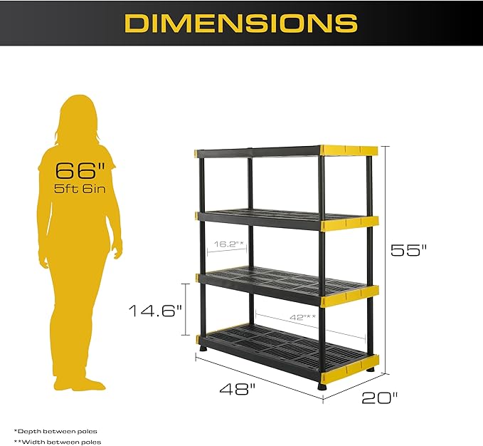 BLACK & YELLOW, 4-Tier Heavy Duty Plastic Storage Shelving Unit, 200lbs/s...