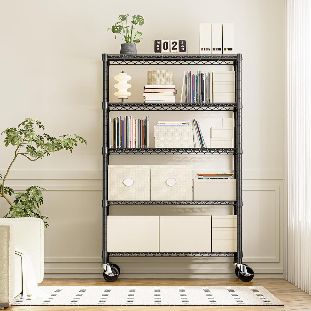 IZEUK 5-Tier Adjustable Heavy Duty Steel Wire Shelving Unit with Wheels, Stor...