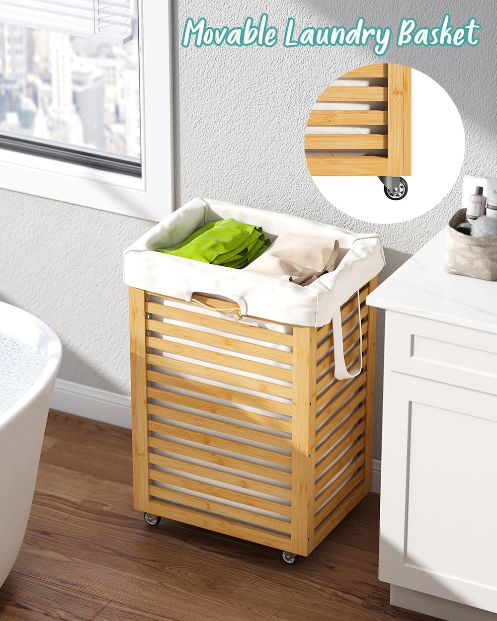 Laundry Hamper, 22.7 Gallon (86L) Bamboo Wood Clothes Laundry Basket with Whe...