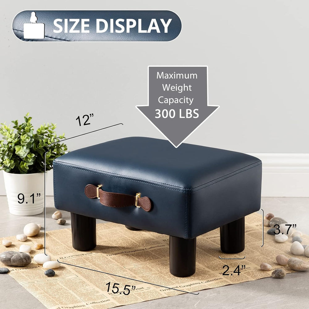 Small Foot Stool with Handle, Blue PU Leather Short Foot Stool Rest, Rectangl...