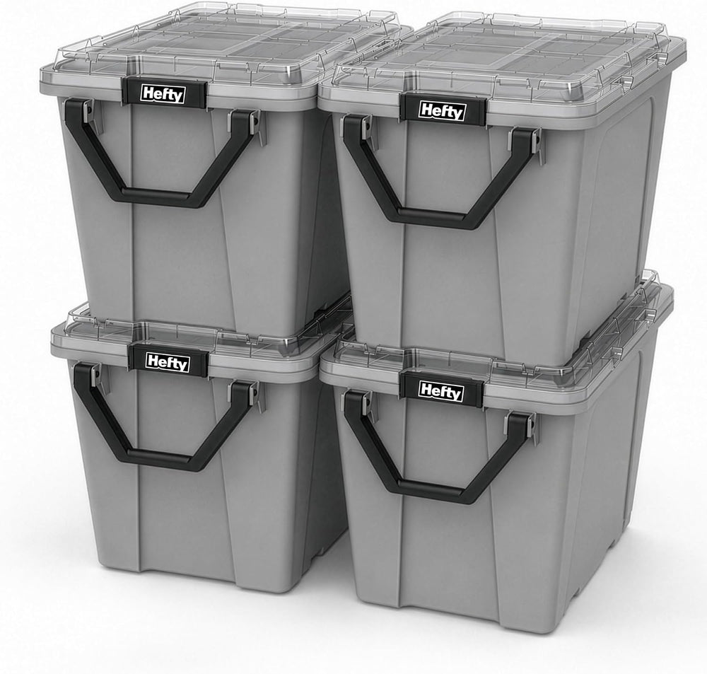 Hefty MAX Pro 28 Gal Storage Bins with Clear Lids, Stackable, 4 Pack, Grey
