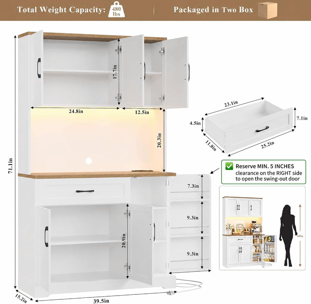 71'' Tall LED Kitchen Pantry Cabinet with Power Outlet & Door Rac...