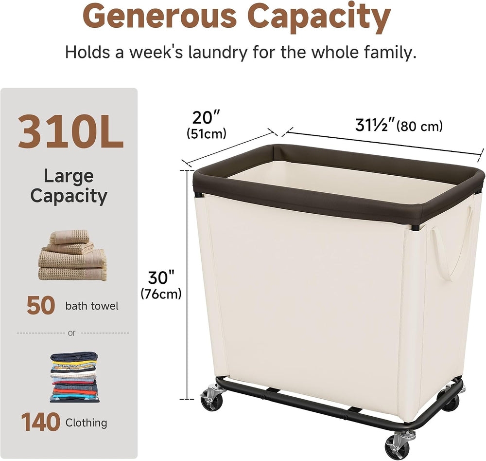 StorageWorks Laundry Hamper with Wheels, 310L Large Beige Basket Cart