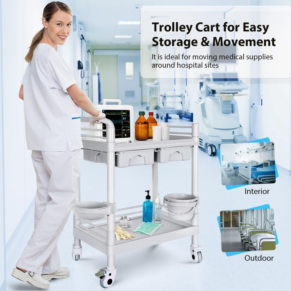 Medical Mobile Trolley Cart 2-Shelf 220 LBS Max Load Rolling Utility Cart