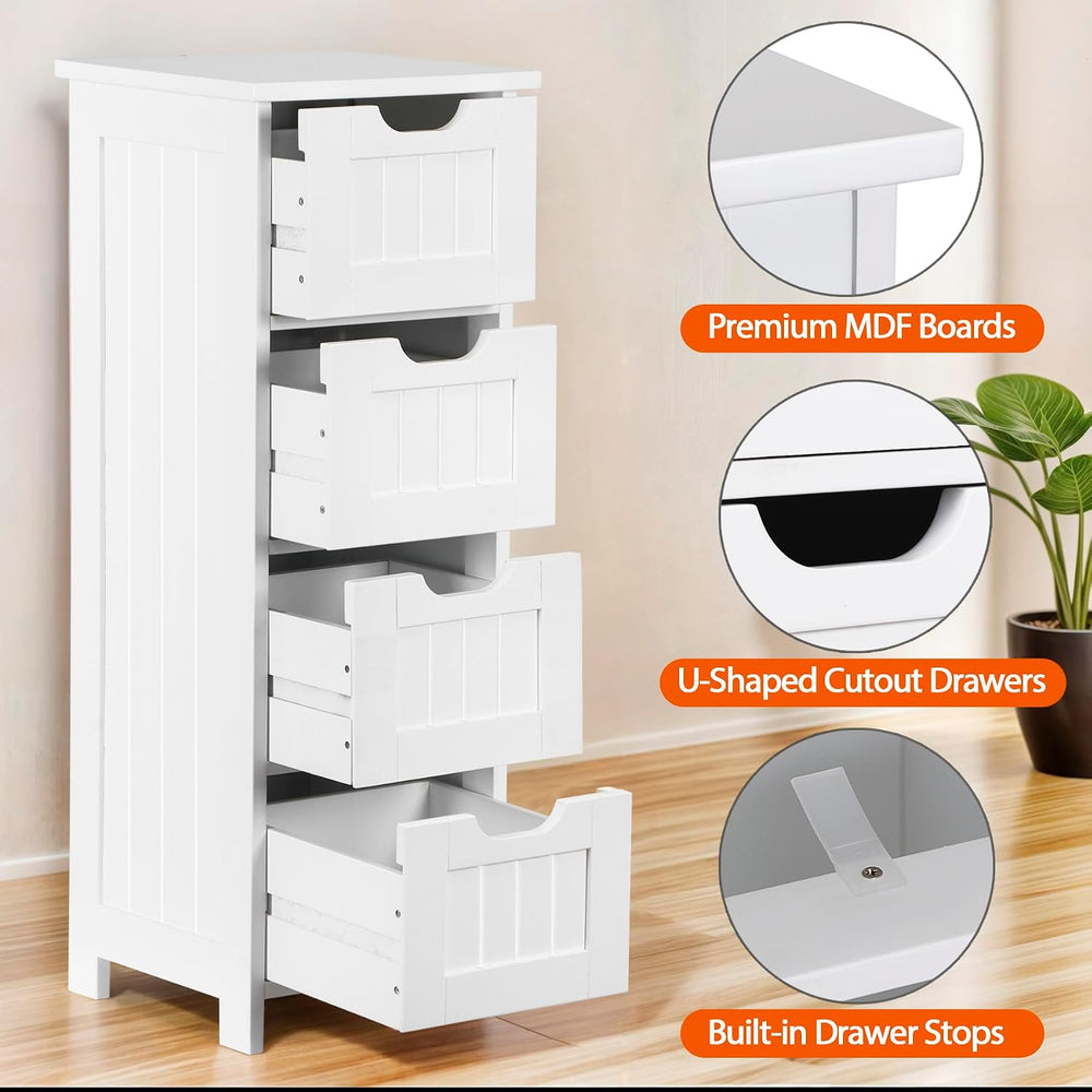 Bathroom Floor Storage Cabinet, Freestanding Wooden Side Organizer w/4 Drawer...