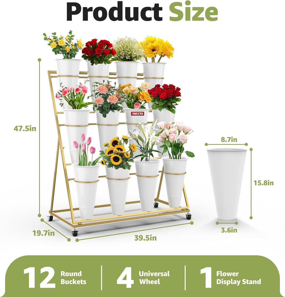 Flower Display Stand 3 Layers with 12 PCS Round Buckets, Plant Stand with Whe...