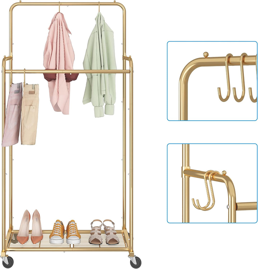 Simple Trending Clothes Garment Rack, Double Rods Clothing Rack, Gold