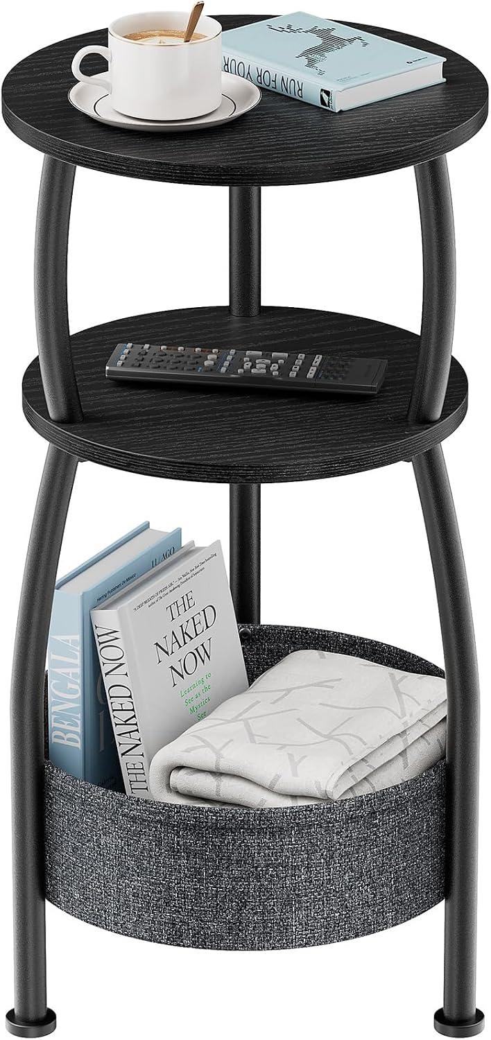 Small Round Side Table for Living Room with Storage Basket, 11.81in