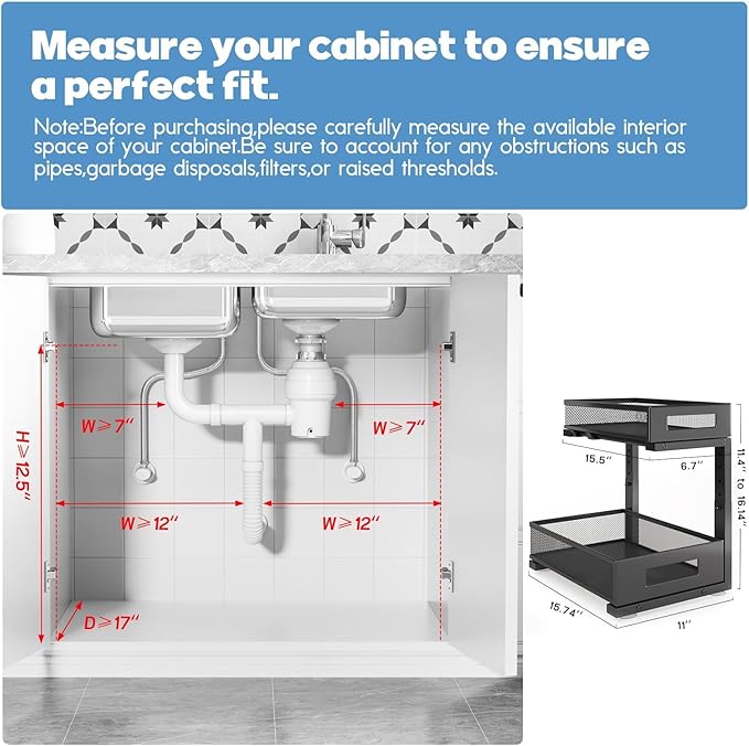 2-Pack Under Sink Storage Organizer, Large 2-Tier Elegant Mesh Pull Out Shelf