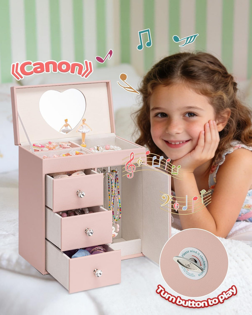 VLANDO 4 Layer Musical Jewelry Box, 3 Drawers Storage and Necklace Hook