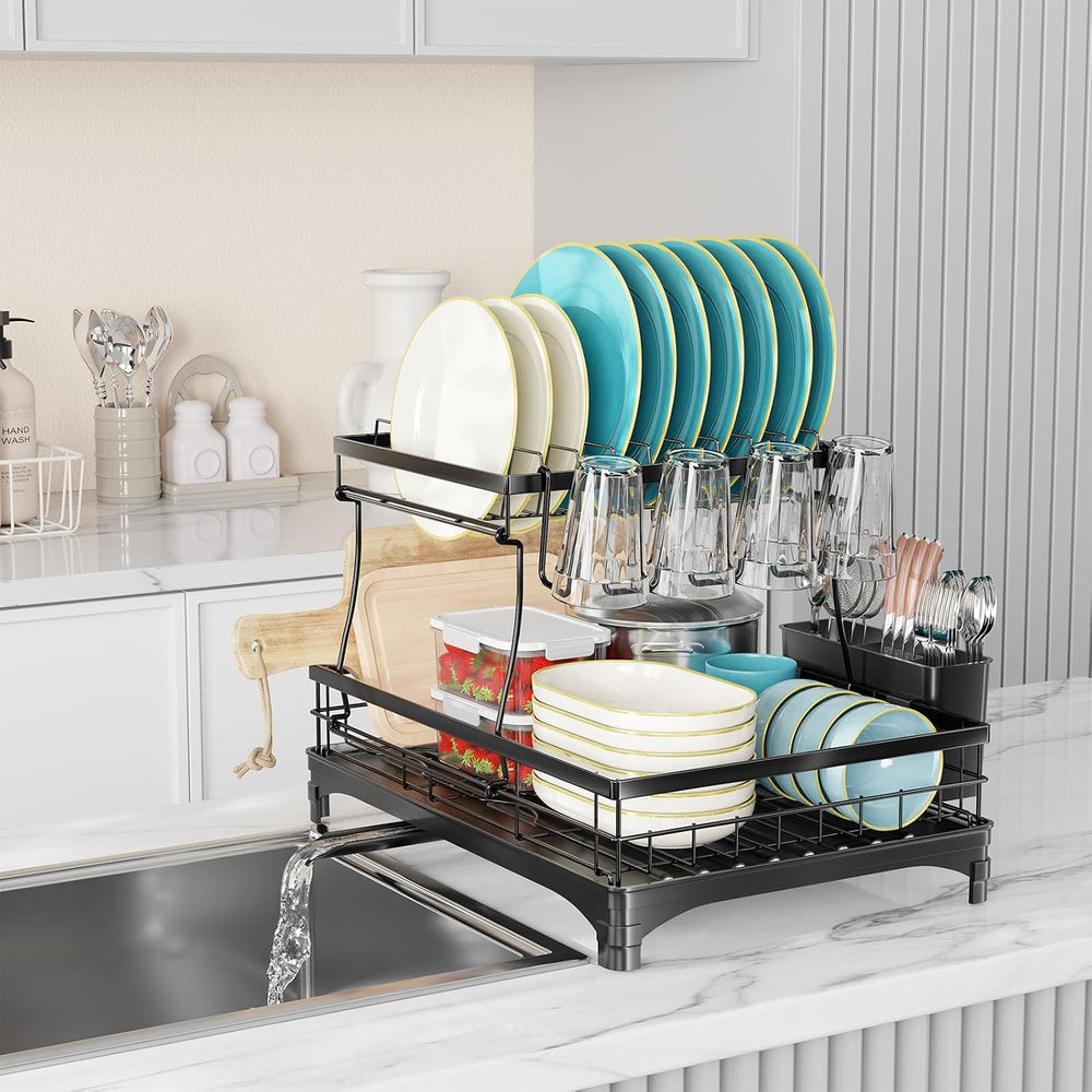 Simple Trending Dish Drying Rack, 2-Tier with Utensil Holder, Black