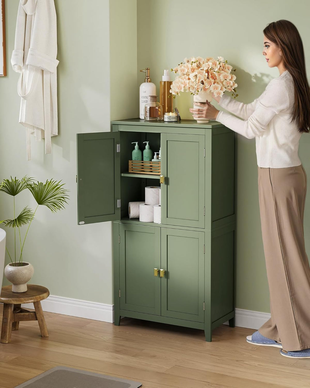 VASAGLE Bathroom Floor Cabinet, with 4 Doors, Forest Green