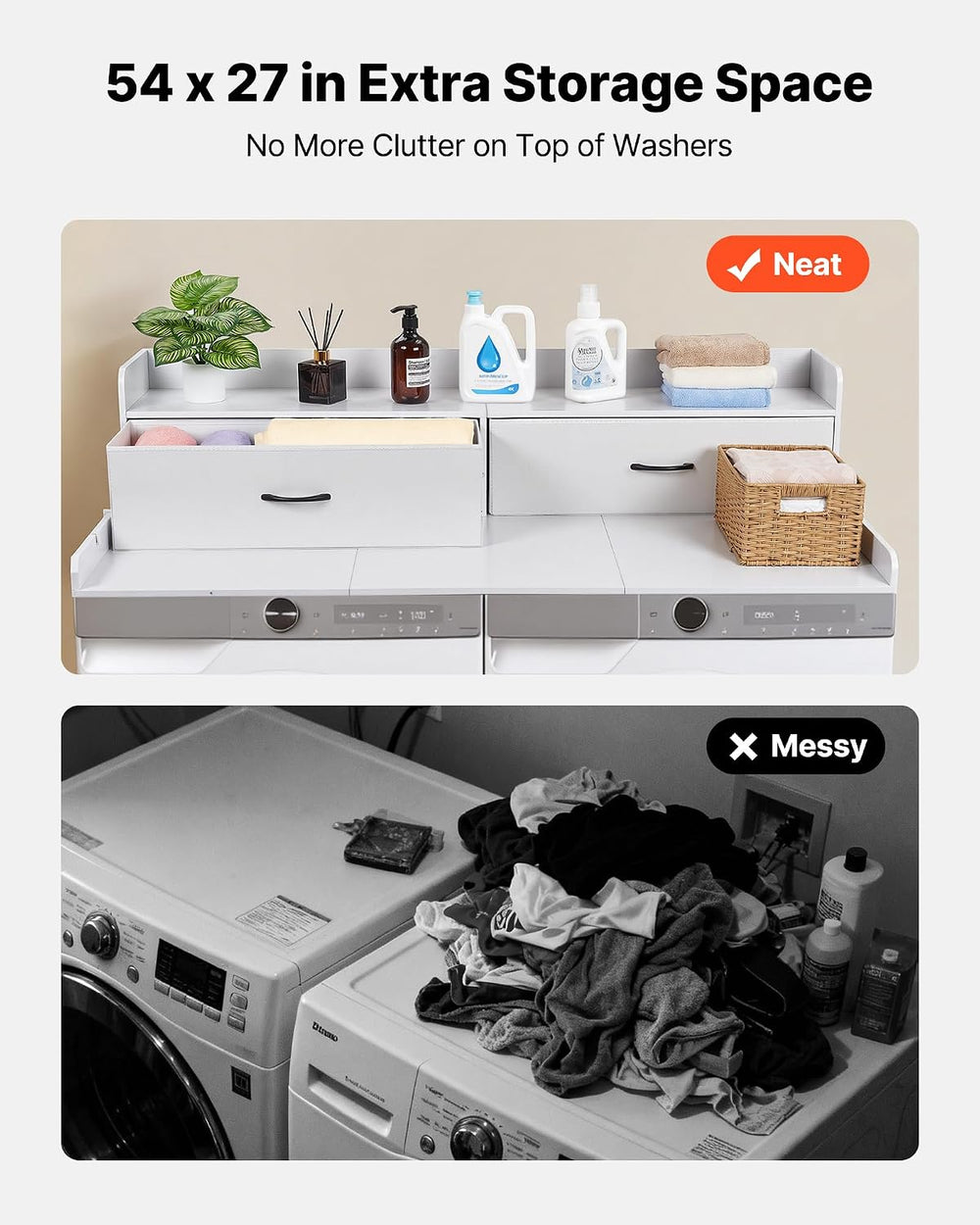 VEVOR 2 Drawers Washer Dryer Countertop with Shelf, 54" x 27" Woode...
