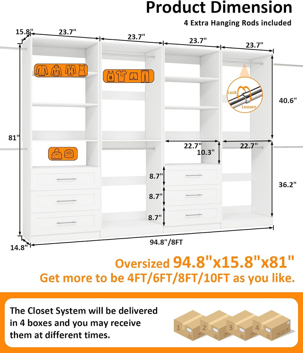 Closet Organizer System Of 4 Sets with 6 Drawers, 8 Shelves, 8 Hanging Rods, ...